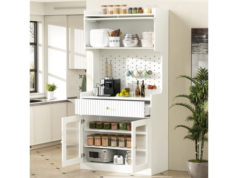  Buffet haut cuisine blanc 180 cm, armoire de cuisine avec led, portes en verre nervuré et tiroirs  - Conforama B