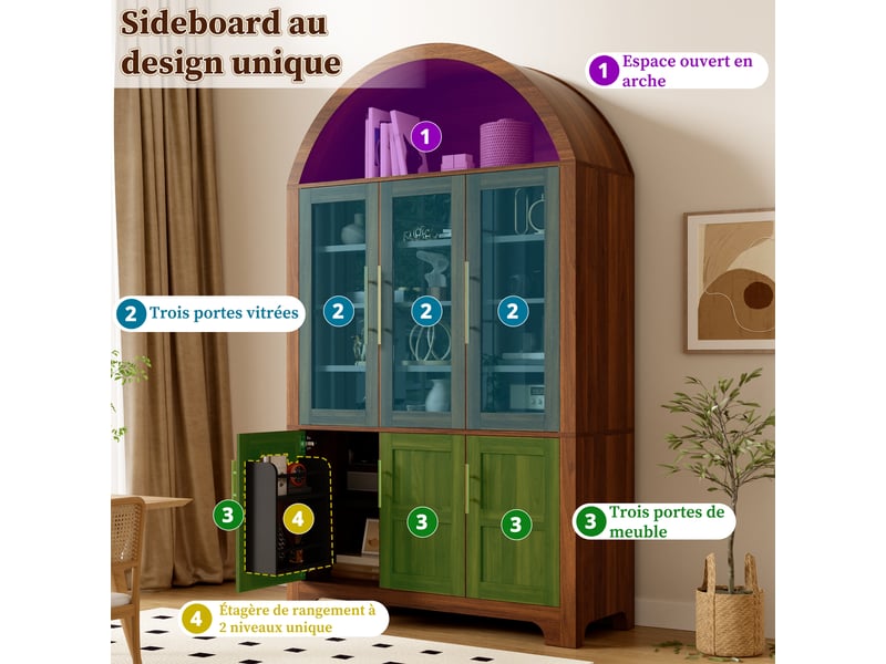 Buffet haut 110x40x185 cm avec vitrine 3 portes vitrées, niche arche, rangement fermé et étagères réglables - noyer - Conforama D
