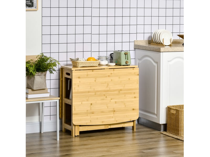  Table de salle à manger pliable 6 personnes avec 2 étagères et pieds réglables en bambou naturel 149,5 × 80 × 73,5 cm  - Conforama D