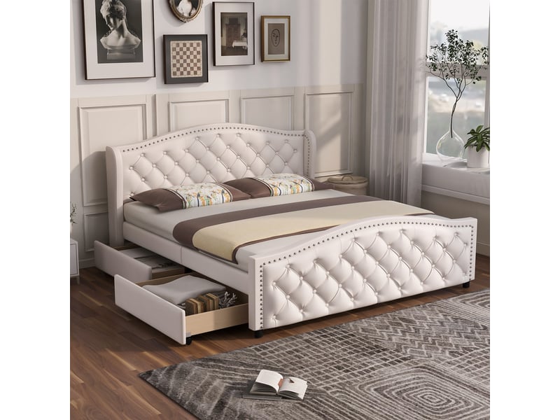  Lit double 200×160 cm avec 2 tiroirs, sommier inclus, sans matelas, revêtement en similicuir blanc  - Conforama B