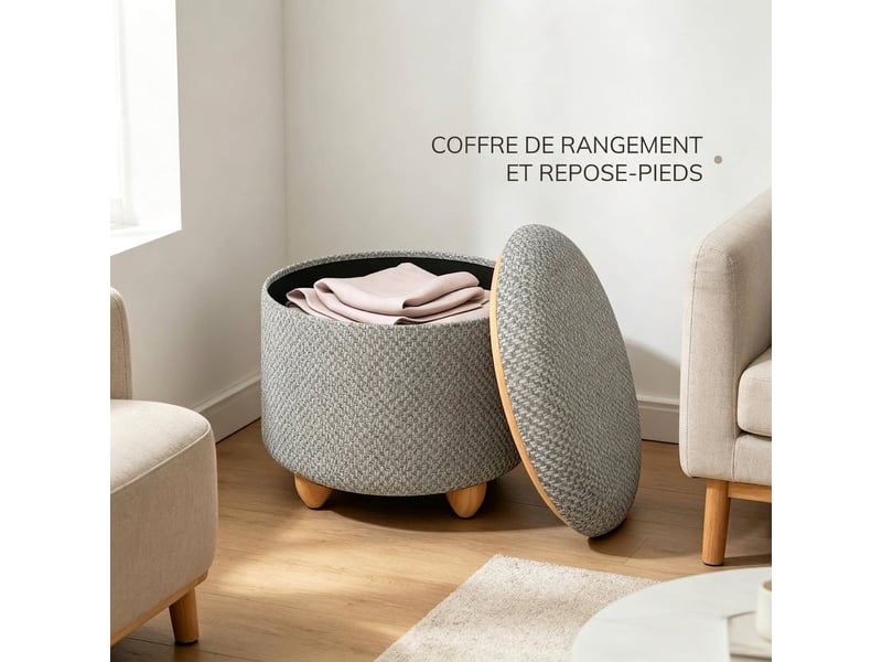  Pouf de rangement rond gris clair en lin avec plateau en bois réversible, 39x39x33 cm  - Conforama B