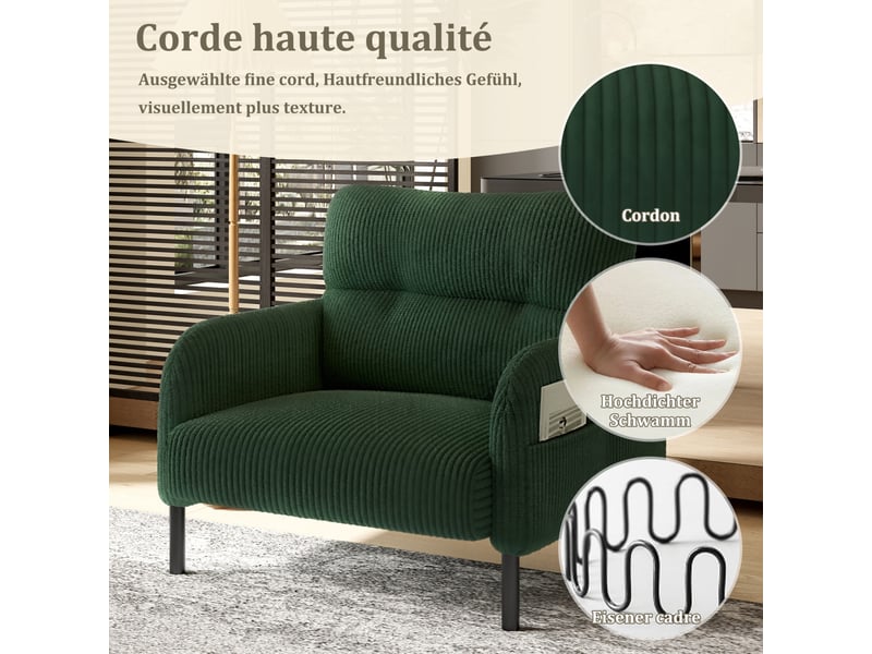  Fauteuil d'accent 67x75x79cm – fauteuil lounge individuel contemporain avec assise profonde et poches latérales double face – velours côtelé - vert  - Conforama E