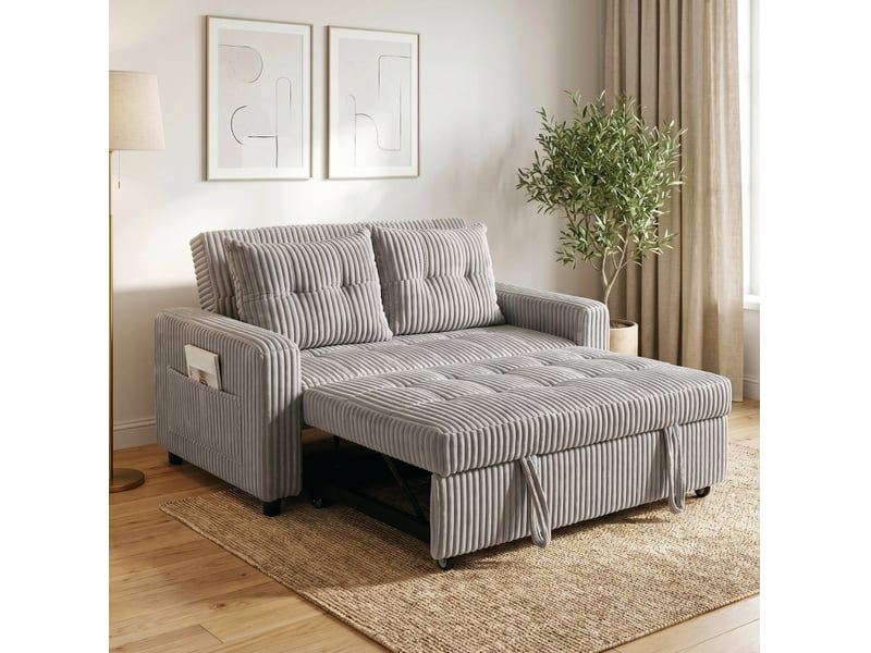 Canapé-lit 2 places convertible 3 en 1, velours côtelé gris clair, 157 x 90 cm - Conforama D