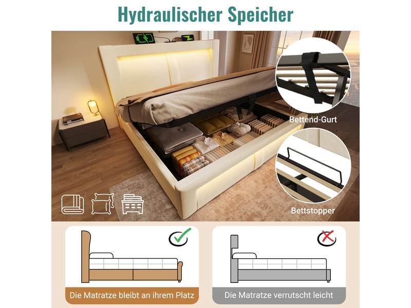  Lit coffre, lit enfant 90x200 cm, rangement hydraulique, led, usbusb-c, tête de lit incurvée, matelas inclus, velours beige  - Conforama R