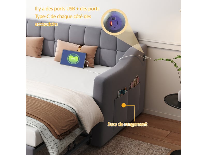  Canapé-lit convertible 90/180x190 cm, velours gris, ports usb, sans matelas  - Conforama E