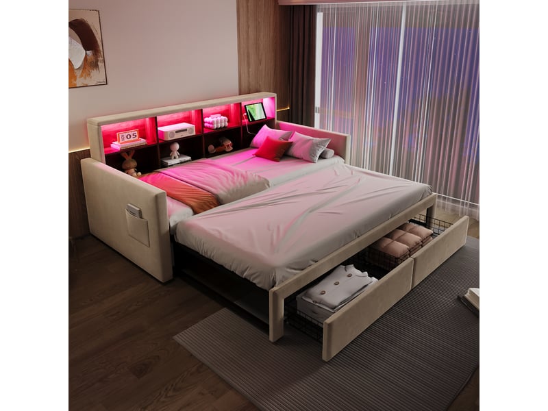  Lit canapé capitonné 90180 x190cm, led et rangements, velours beige, avec tiroirs et sommier à lattes  - Conforama C