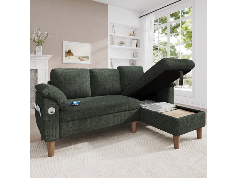  Canapé d'angle 3 places 181x125x88 cm avec méridienne et rangement vert  - Conforama D