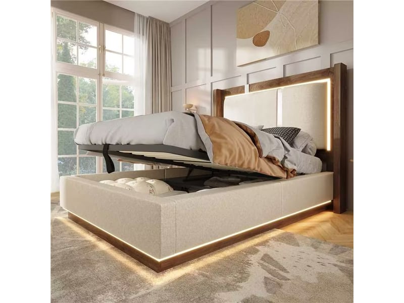  Lit coffre hydraulique 90x200 cm équipé de led, sommier à lattes, rangement sous lit et tête de lit rembourrée - beige et noyer (sans matelas)  - Conforama C