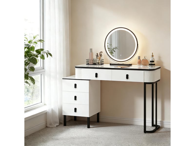  Coiffeuse avec 5 tiroirs et miroir led réglable pour chambre 100×40×125 cm en mdf noir et blanc  - Conforama B