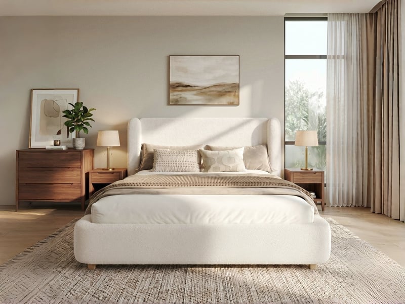  Lit coffre 140 x 200 cm, avec sommier à lattes, tête de lit et grand espace de rangement, tissu bouclé beige  - Conforama B