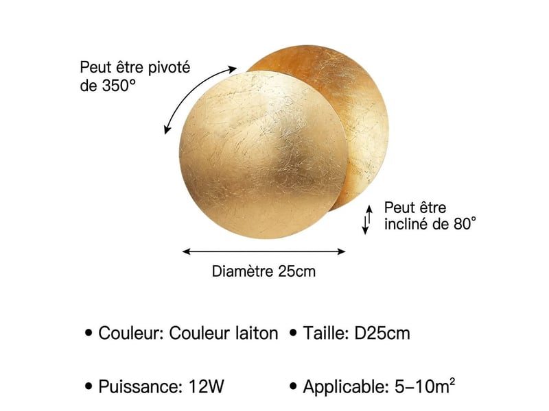  Applique murale led 12w design éclipse de lune rotative 350° 25cm – laiton doré  - Conforama C