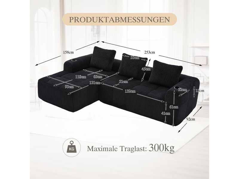  Canapé modulable 4 places salon confortable avec poches latérales, porte-gobelet et 3 coussins, moderne en velours côtelé noir  - Conforama E