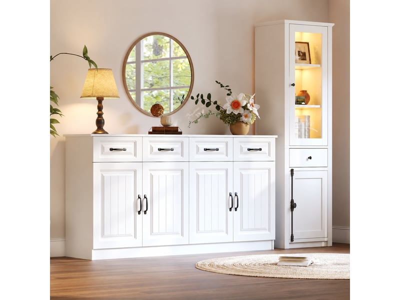 Ensemble buffet blanc et vitrine avec led, meuble de rangement deux pièces pour salon, 5 tiroirs, 6 portes, blanc - Conforama E