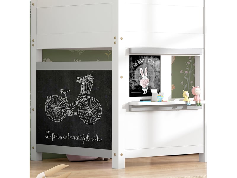  Lit mezzanine enfant 90x200 cm blanc en bois de pin, avec tableaux à dessin et petite étagère  - Conforama E