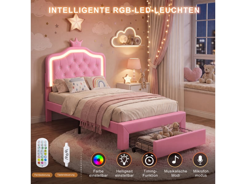 Lit simple enfant 90x200 cm avec led et 1 tiroirs - lit une place - tête de lit réglable en hauteur - pu - cuir -rose - Conforama W