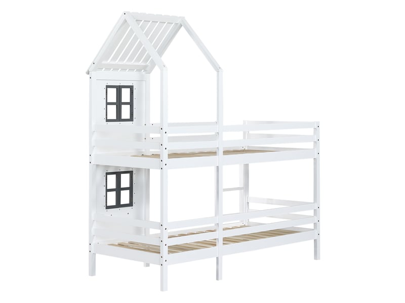  Lit superposé avec rambarde et fenêtre, lit cabane, lit enfant avec protection antichute et rambarde, cadre en pin, blanc (90x200cm) [29590567waa]  - Conforama E