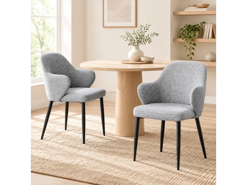  Chaises de salle à manger lot de 2 avec dossier enveloppant  - pieds métal croisés, tissu gris et noir  - Conforama C