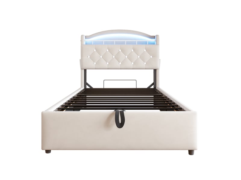  Lit enfant 90x200 cm en velours beige, multifonction avec rangement, led et usb  - Conforama A