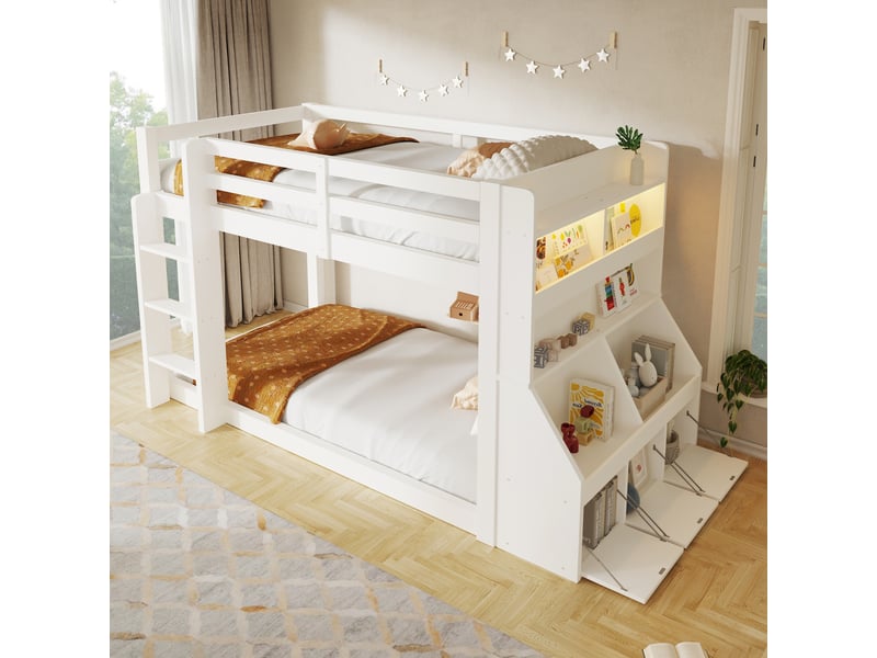 Lit mezzanine 90x200 cm avec rangements intégrés, étagères et bande lumineuse led, pour chambre d’enfant, optimisation de l’espace - blanc  - Conforama E
