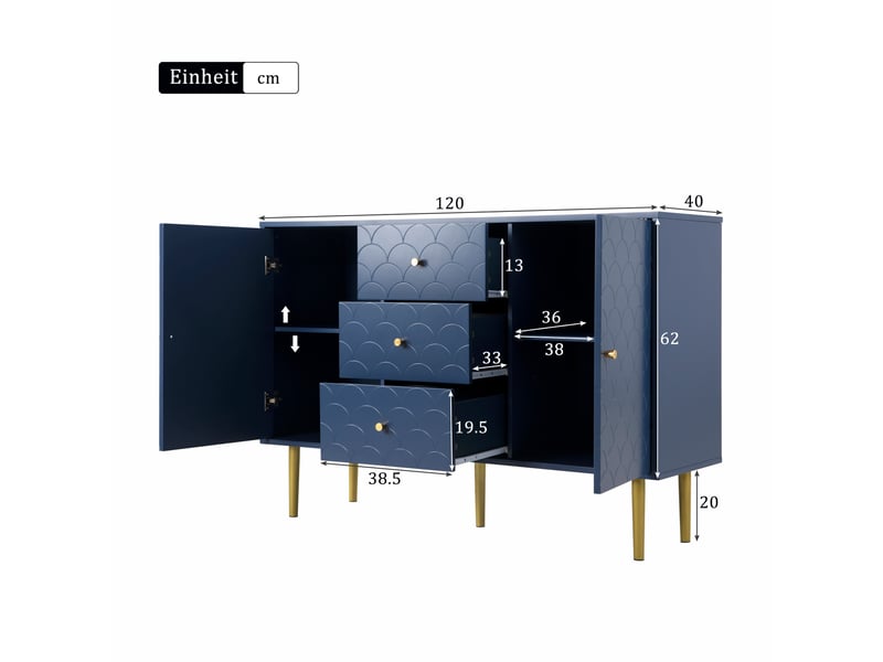 Buffet bahut salle à manger salon, 2 portes, 3 tiroirs, grand rangement, style élégant, 120x40x83 cm - bleu marine - Conforama C