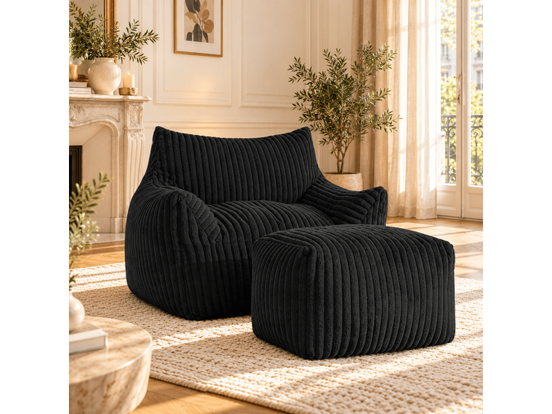  Fauteuil lounge avec pouf repose-pieds assorti 103 x 90 x 70 cm, tissu côtelé effet flanelle, mousse haute résilience - gris anthracite  - Conforama D