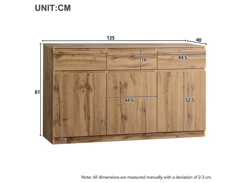  Buffet et enfilade avec 3 portes, 3 tiroirs et étagères réglables pour salle à manger, bois, 135 × 40 × 81 cm  - Conforama E