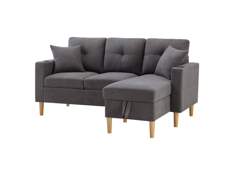  Canapé d’angle réversible 3 places 175x129 cm avec méridienne, coffre de rangement, porte-gobelets, 2 coussins - gris foncé  - Conforama A