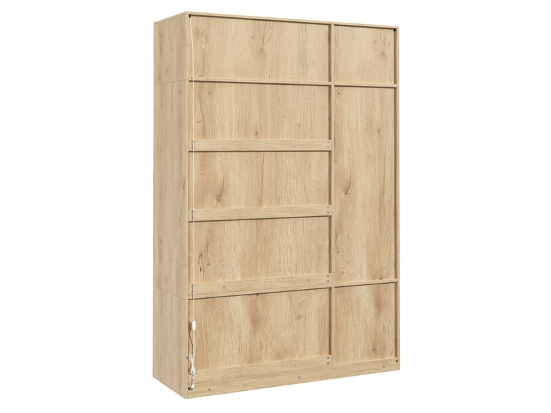  Armoire trois portes avec miroir et éclairage led 135 x 47 x 200 cm – 1 tringle, 4 tiroirs, 7 compartiments, mdf finition bois clair  - Conforama A