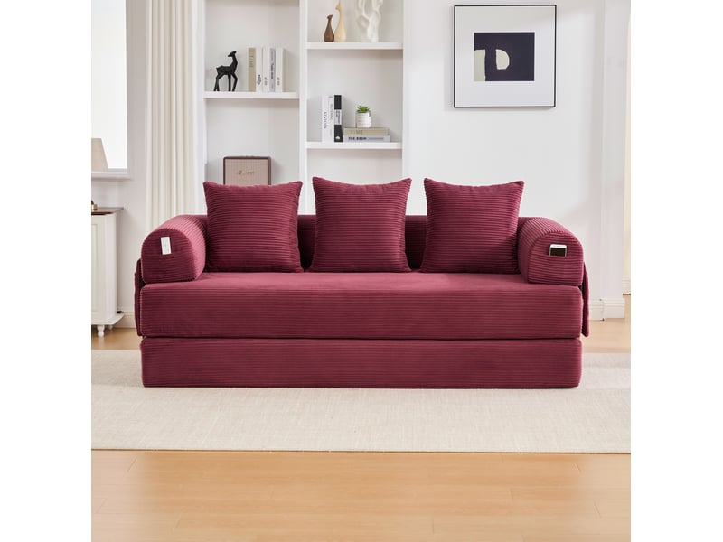 Canapé modulable 3 places convertible en couchage rouge bordeaux homvra - Conforama D