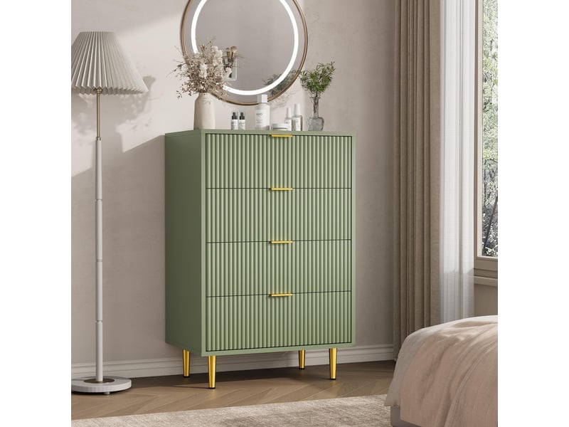  Commode moderne 4 tiroirs façade ondulée – rangement élégant, poignées et pieds dorés – pour chambre, salon ou entrée – vert avocat PHK_35LRSD3V - Conforama D