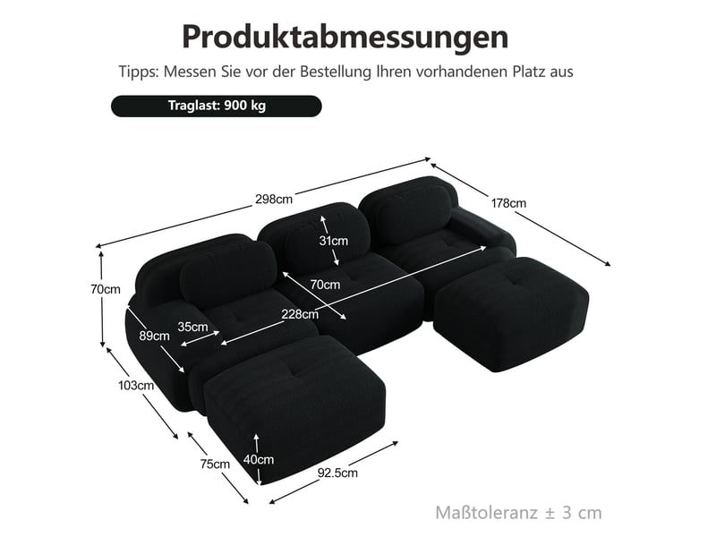  Canapé d'angle en u modulable modenvie 3 places 298 x 178 cm velours côtelé noir  - Conforama C