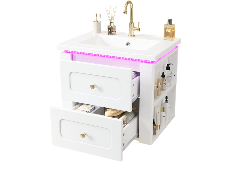 Meuble sous vasque avec 2 tiroirs, niche réglable, led et vasque en céramique pour salle de bain blanc 61 × 47 × 50 cm - Conforama A