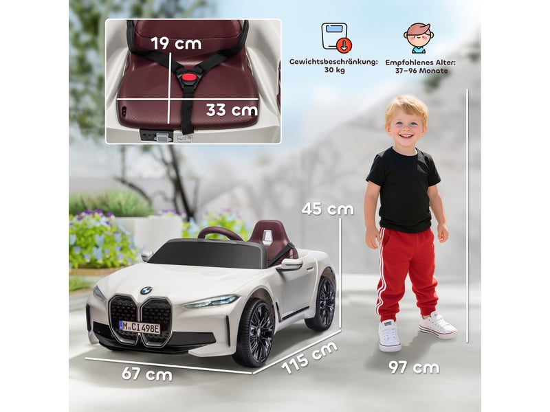 Voiture pour enfants, batterie rechargeable, 3-5 kmh, avec télécommande, lecteur multimédia, blanche - Conforama E