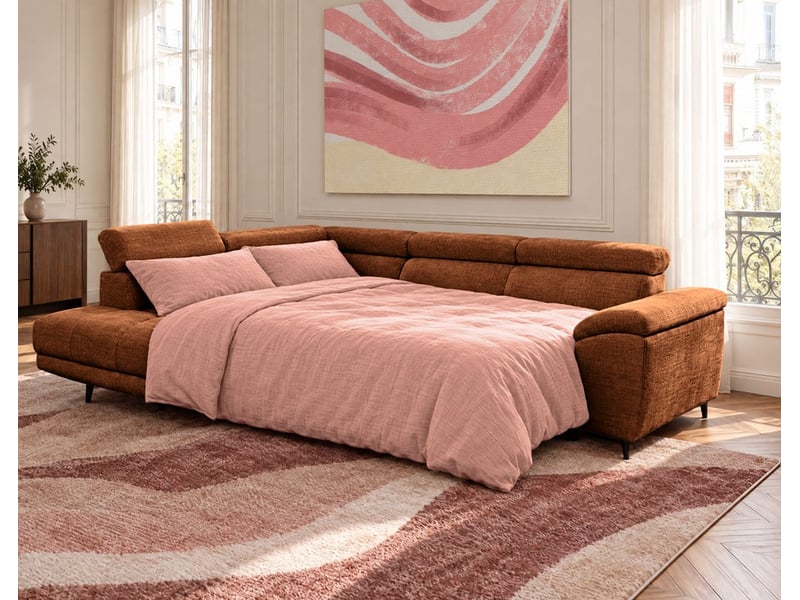  Camille - canapé d'angle gauche 5 places convertible avec têtières et coffre en velours texturé - best mobilier - terracotta CAMILLE - Conforama D