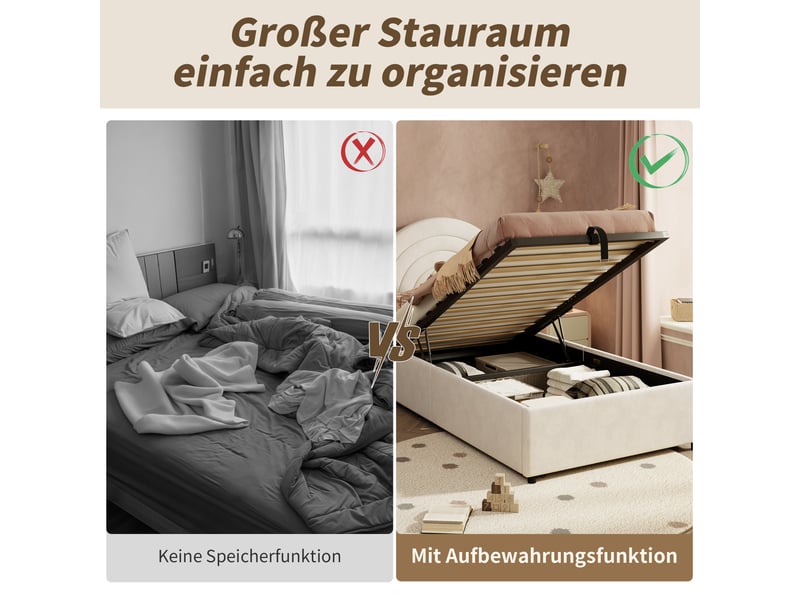 Lit capitonné 90x200 enfant velours beige - lit simple avec sommier et coffre hydraulique - Conforama E