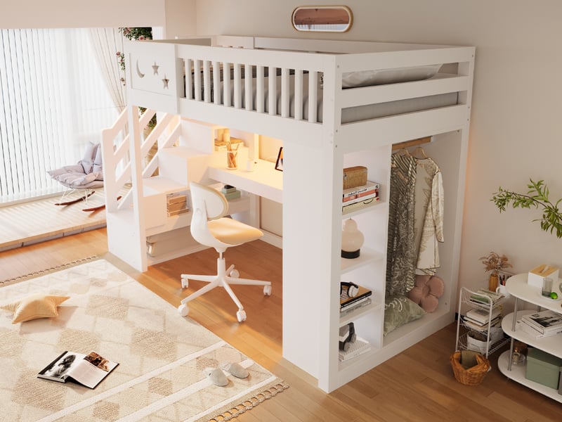 Lit mezzanine 90 × 200 cm, bureau, armoire, étagères, led, prises et escalier-rangement, bois massif et mdf, blanc - Conforama B