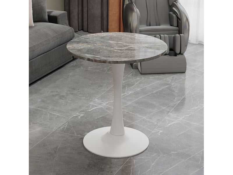  Table basse ronde 70x70x72cm style moderne du milieu du siècle, pieds hauts, marbre reconstitué, blanc et gris foncé  - Conforama B