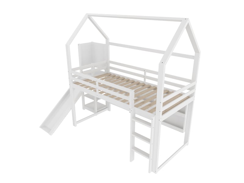 Lit mezzanine blanc 90 × 200 cm, forme maison, led, étagères et garde-corps - Conforama D