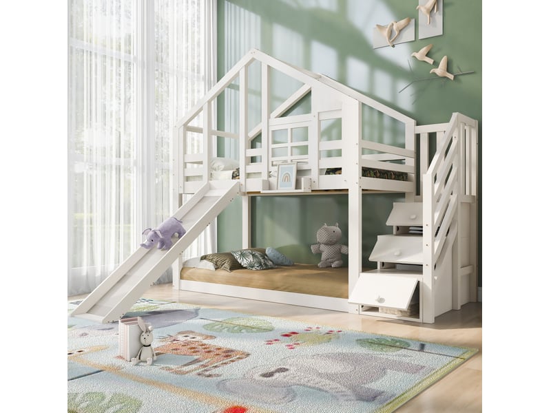  Modenvie lit superposé cabane enfant 90x200 cm - avec toboggan et rangements, sans matelas - blanc  - Conforama B