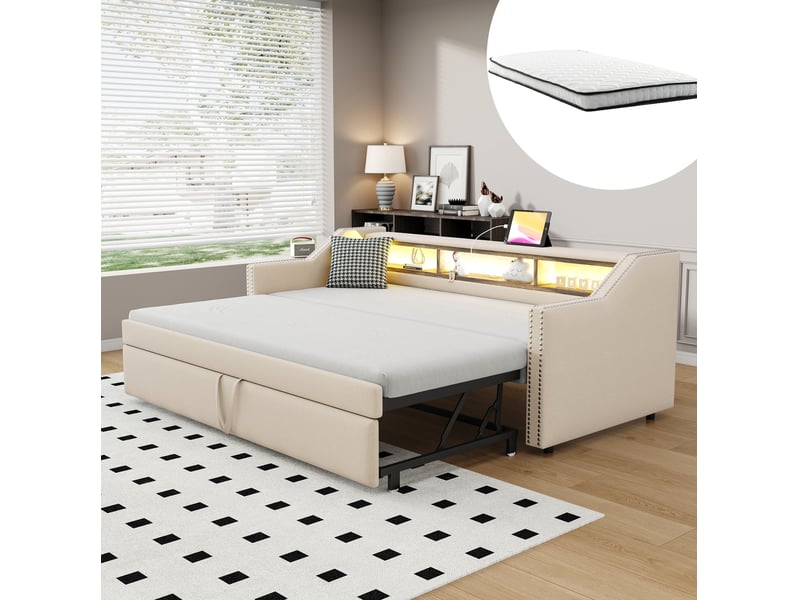 Lit gigogne 90 × 190 cm 1 ou 2 places avec 3 niches, led et usb, 2 matelas inclus, en tissu beige - Conforama B