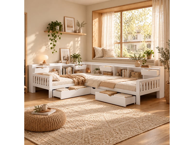  Lit enfant en l 90x200 cm, 2 couchages, espace de rangement, étagères et 3 tiroirs, en bois, blanc Bliss Lite - Conforama D