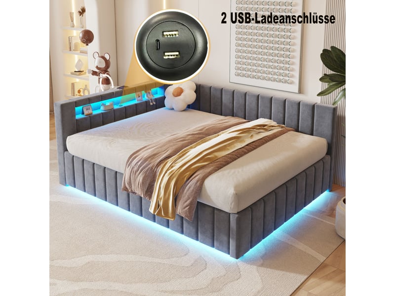  Lit coffre 140x200 cm rembourré, rangement hydraulique, led et usb, tête de lit avec dossier, velours gris  - Conforama D