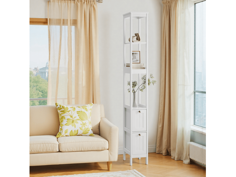 Colonne de salle de bains 20x30x161 cm blanche avec 2 tiroirs et 3 étagères  - Conforama B