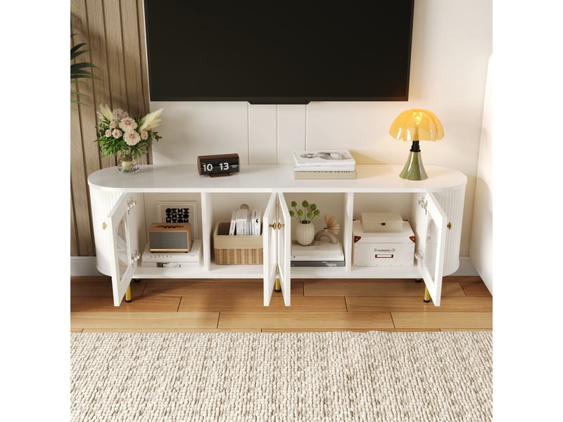  Meuble tv avec portes en verre, poignées et pieds dorés, bords arrondis, blanc et or, 170 x 35 x 55 cm  - Conforama C