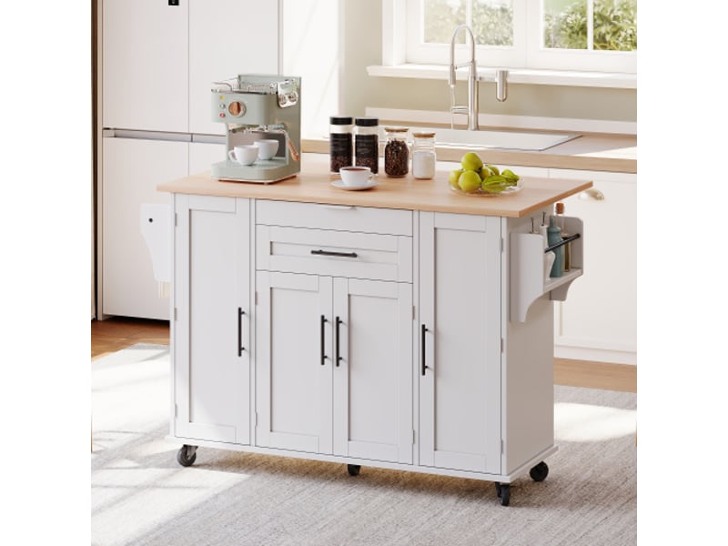  Îlot de cuisine mobile mdf blanc et naturel, plateau extensible 136x70x92 cm  - Conforama B