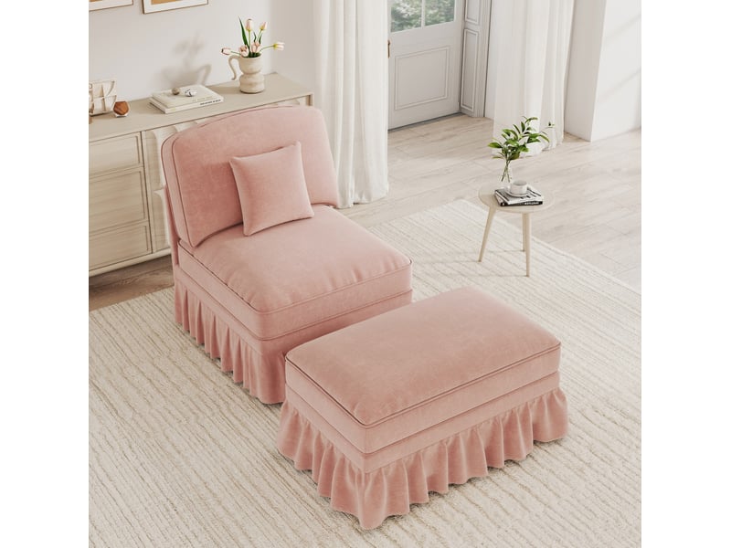  Fauteuil classique modenvie en chenille rose avec repose-pieds mobile, jupe à volants amovible et coussin  - Conforama E