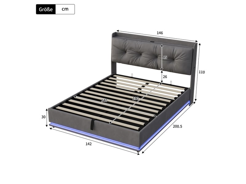  Lit 140x190cm - lit coffre 140x190cm - lit rembourré velours, tête de lit led, usb et sommier relevable avec rangement - gris  - Conforama E