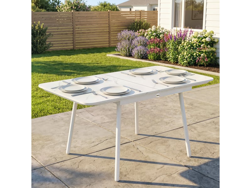  Table de jardin rectangulaire pour 4-6 personnes, plateau en wpc et cadre en métal, pieds réglables, 140x80x75cm, blanc  - Conforama C