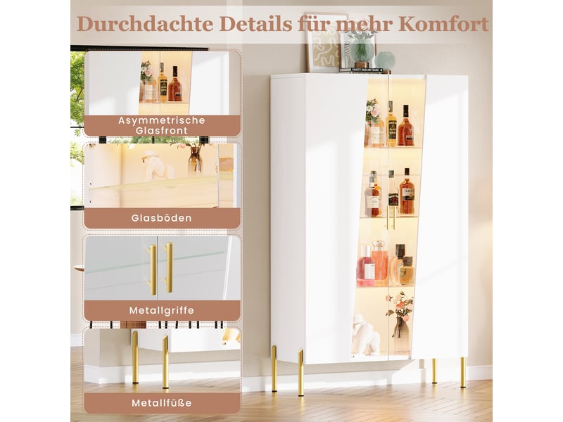  Vitrine blanche 72 × 40 × 145 cm avec porte en verre asymétrique, éclairage led et étagères en verre - blanc  - Conforama D