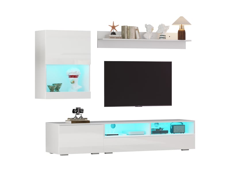 Ensemble salon avec meuble tv et étagère murale, blanc, panneau de particules  - Conforama A
